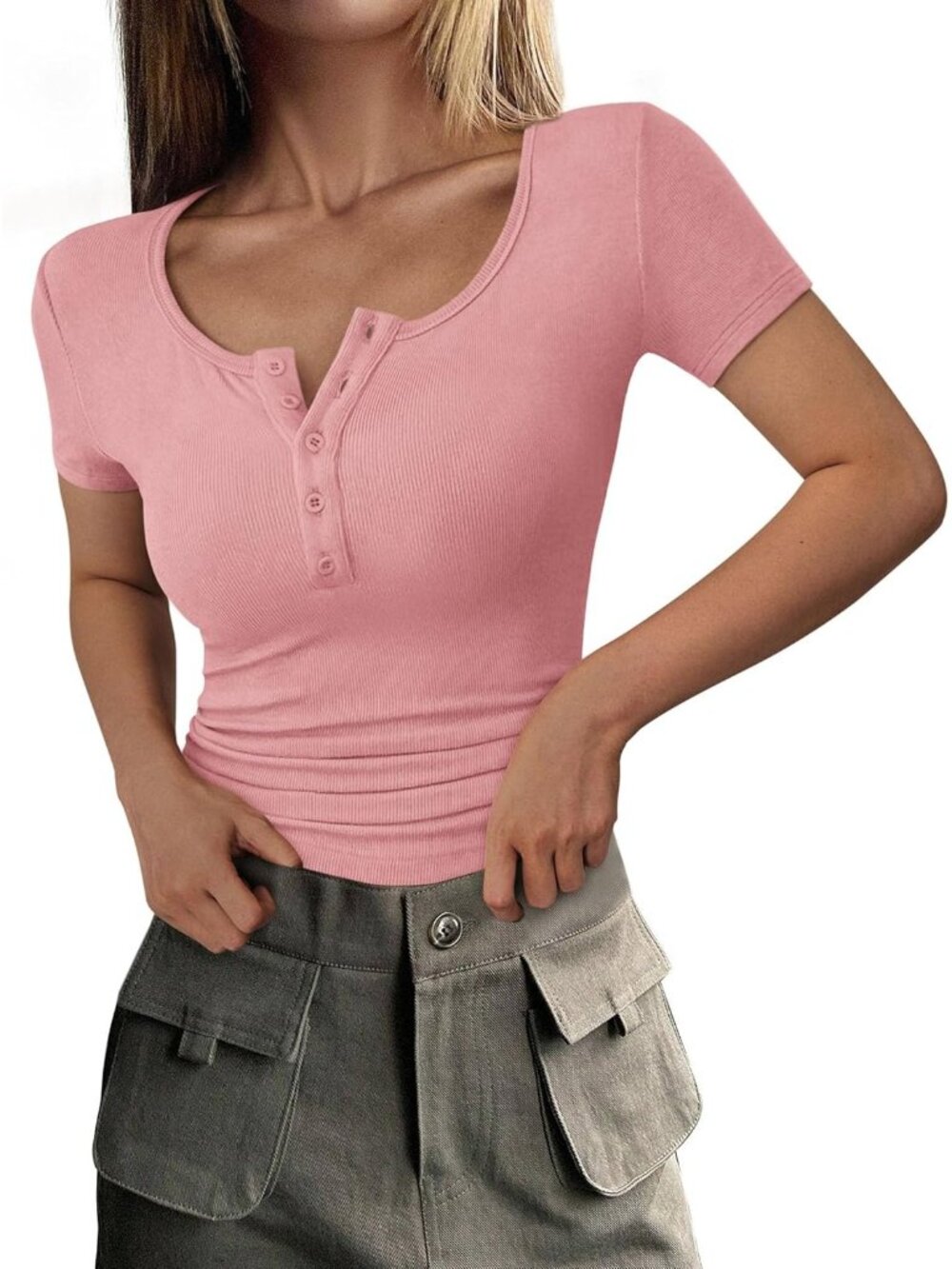Women's Pink Short Sleeve Ribbed Henley Button Slim Fit Casual T Shirts